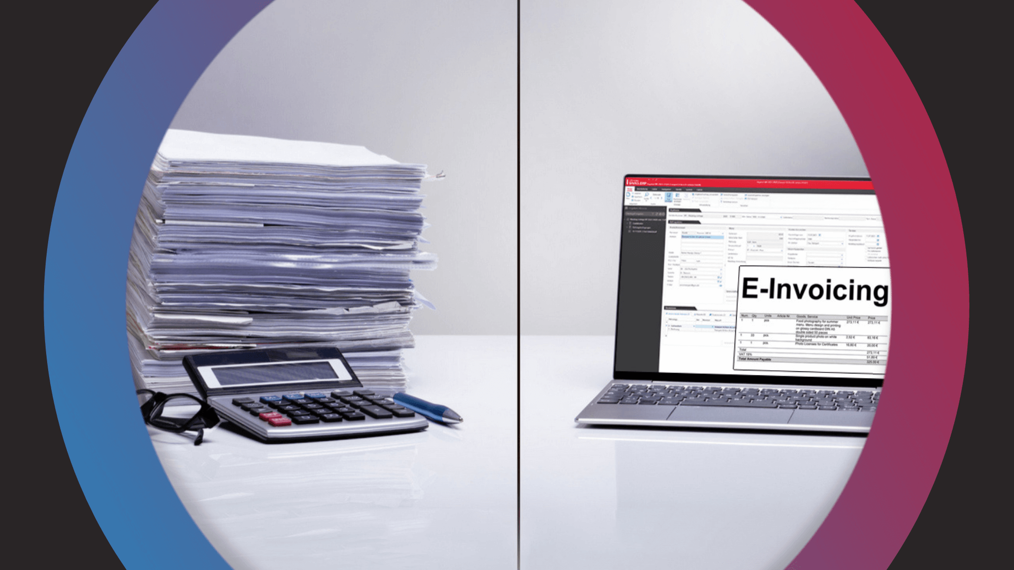 Vergleich von einem Papierstapel und E-Rechnung auf einem Laptop