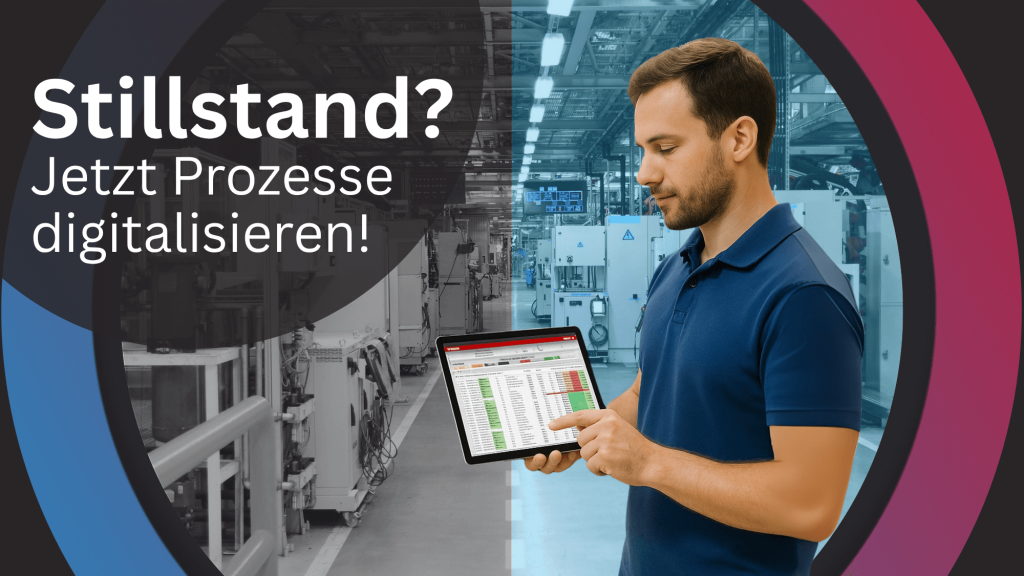 ERP im Maschinenbau Links: Stillstehende Produktion. rechts: Laufende Produktion. Davor steht ein Mitarbeiter, mit einem Tablet auf dem SIVAS.ERP abgebildet ist