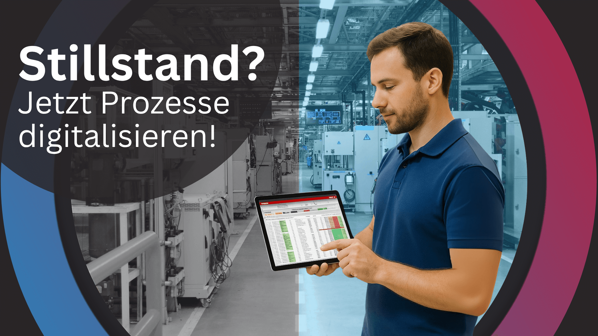 ERP im Maschinenbau Links: Stillstehende Produktion. rechts: Laufende Produktion. Davor steht ein Mitarbeiter, mit einem Tablet auf dem SIVAS.ERP abgebildet ist